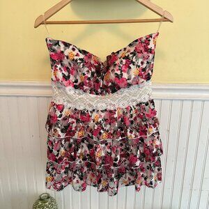 Dots Vintage 90s Y2K XL Floral Ruffle Strapless Top With Lace Trim